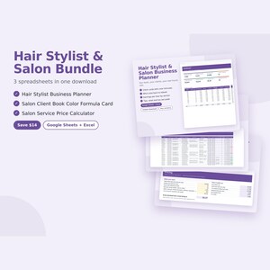 May include: A digital Hair Stylist & Salon Bundle featuring three spreadsheets: a business planner, a client book color formula card, and a service price calculator. The purple and white interface displays data tables and business metrics.