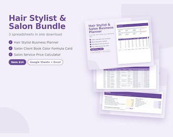 May include: A digital Hair Stylist & Salon Bundle featuring three spreadsheets: a business planner, a client book color formula card, and a service price calculator. The purple and white interface displays data tables and business metrics.