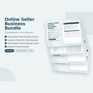 May include: An Online Seller Business Bundle digital product featuring four spreadsheets including a profit and inventory tracker, income expense tracker, and pricing calculator compatible with Google Sheets and Excel software.