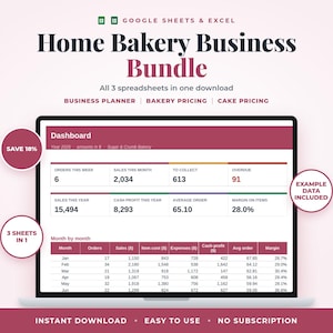 Home Bakery Business Bundle, 3 Spreadsheets, Bakery Pricing Calculator, Recipe Cost, Cake Order Tracker, Google Sheets & Excel image 1