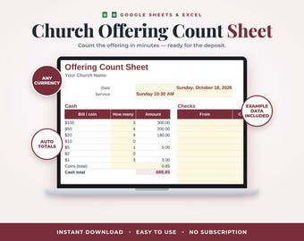 Kirchenkollekten-Zählliste, Formular zur Zählung von Zehnten und Spenden, Einzahlungsbeleg für Bargeld und Schecks, Kirchenkassierer, Google Tabellen & Excel