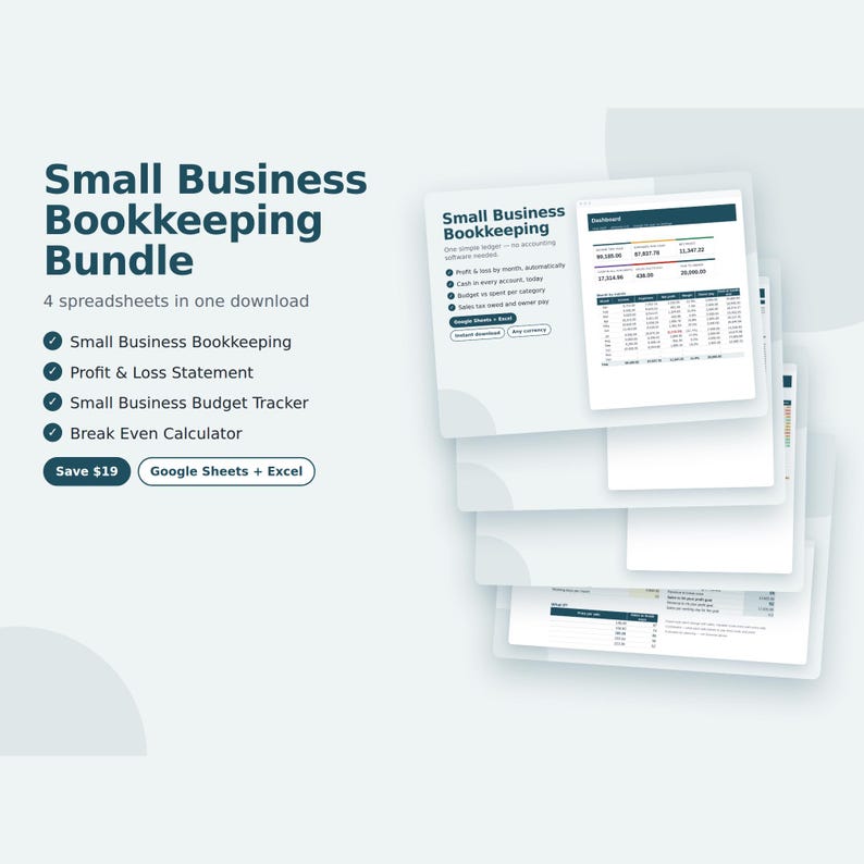 Small Business Bookkeeping Bundle, 4 Spreadsheets, Profit and Loss, Budget, Income Expense Tracker, Cash Flow, Google Sheets & Excel image 1