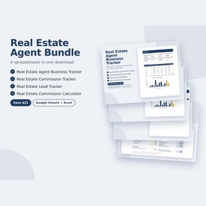 May include: A digital Real Estate Agent Bundle featuring four spreadsheets: Real Estate Agent Business Tracker, Real Estate Commission Tracker, Real Estate Lead Tracker, and Real Estate Commission Calculator, compatible with Google Sheets and Excel.