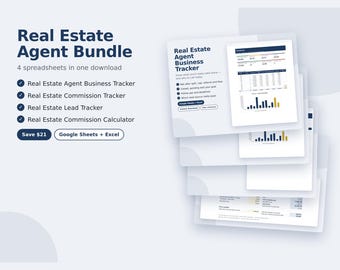 May include: A digital Real Estate Agent Bundle featuring four spreadsheets: Real Estate Agent Business Tracker, Real Estate Commission Tracker, Real Estate Lead Tracker, and Real Estate Commission Calculator, compatible with Google Sheets and Excel.