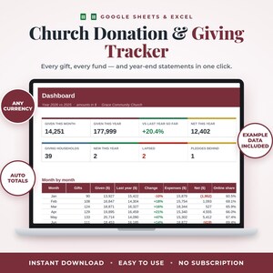 Spendenübersicht für die Kirche (Tabellenkalkulation, Zehnten- und Kollektenübersicht, Spendenbescheinigungen, Kollektenzählung, Kirchenbudget, Google Tabellen & Excel) Bild 1