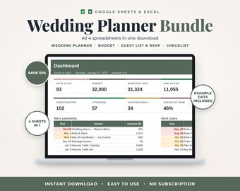 Wedding Planner Bundle, 4 Spreadsheets, Wedding Budget Tracker, Guest List RSVP, Seating Chart, Checklist, Google Sheets & Excel