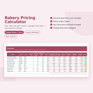May include: A digital Bakery Pricing Calculator spreadsheet template for Google Sheets and Excel. The interface displays columns for product costs, ingredients, time, and profit margins, with text headers and a list of baked goods.
