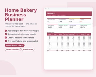 May include: A digital Home Bakery Business Planner spreadsheet template featuring a dashboard with sales data, order counts, and profit margins. The interface includes sections for recipe costs, pricing, and shopping lists, compatible with Google Sheets and Excel.