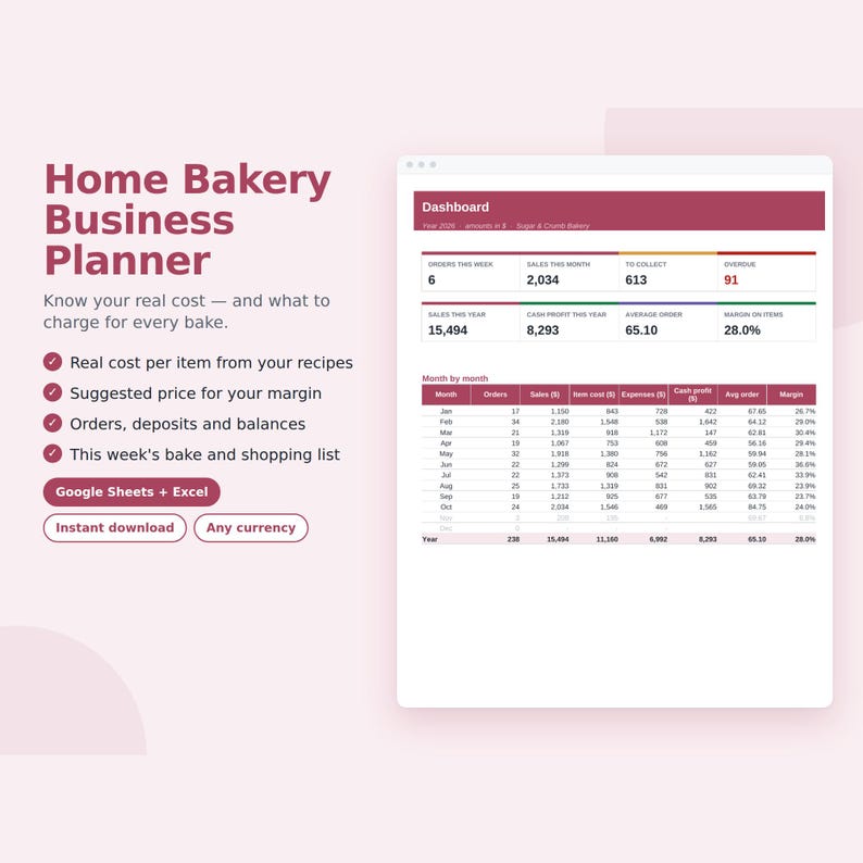 Home Bakery Business Planner Spreadsheet, Bakery Pricing Calculator, Recipe Cost, Cake Order Tracker, Google Sheets & Excel image 1