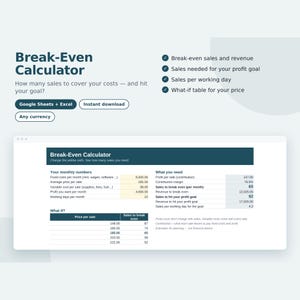 May include: A digital Break-Even Calculator template for Google Sheets and Excel. The interface displays sections for monthly numbers, profit goals, and a what-if table for sales analysis, featuring dark blue headers and white data fields.