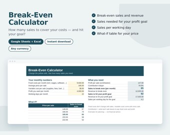 Break Even Calculator Spreadsheet for Small Business, Sales Goal Calculator, Pricing and Profit Planning, Google Sheets & Excel