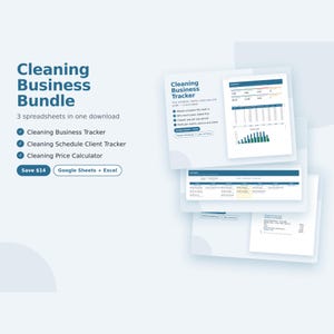 May include: A digital cleaning business bundle featuring three spreadsheets including a Cleaning Business Tracker, Cleaning Schedule Client Tracker, and Cleaning Price Calculator, compatible with Google Sheets and Excel, displayed with preview screenshots.