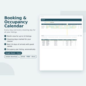 May include: A digital booking and occupancy calendar template for Google Sheets and Excel. The interface displays a monthly schedule for ten listings, cleaning days, guest arrival lists for the next 14 days, and occupancy rates.