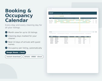 May include: A digital booking and occupancy calendar template for Google Sheets and Excel. The interface displays a monthly schedule for ten listings, cleaning days, guest arrival lists for the next 14 days, and occupancy rates.