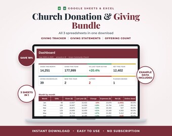Church Donation & Giving Bundle, 3 Spreadsheets, Tithe and Offering Tracker, Giving Statements, Offering Count, Google Sheets and Excel