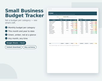 Small Business Budget Tracker Spreadsheet, Monthly Budget vs Actual, Business Expense Tracker, Google Sheets & Excel Template
