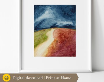 PRINTABLE Stormy skies "Remaining" watercolor 8x10, original art blue red green landscape painting horizon. Print at home or locally