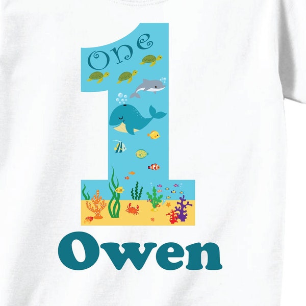 1ST Birthday Sea Animal Shirts (ANY AGE)  and Tshirts featuring Ocean Animals on White or Navy Shirt