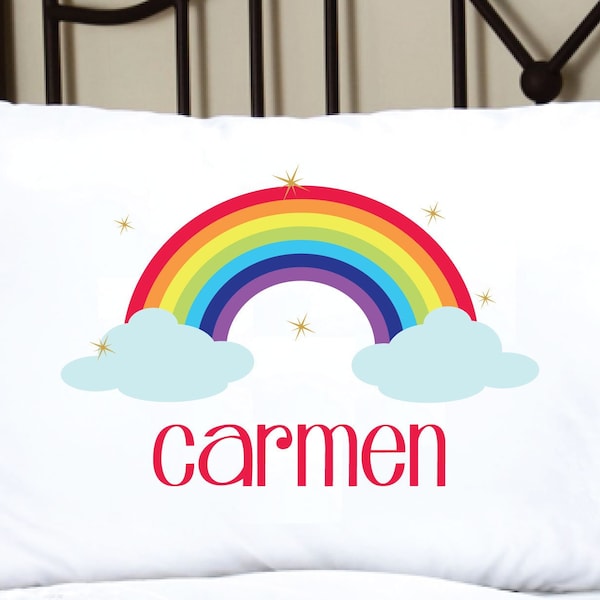 Personalized Pillowcase for Kids with Rainbow and Sparkles. adorable pillow case featuring a colorful rainbow and sparkle