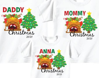 Matching Christmas Shirts for Family featuring Santa, a chimney, and a Christmas Tree Personalized Family Christmas Shirts on  White