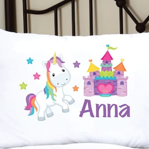 Unicorn Castle Pillowcase with Personalized name. Pillow Case has a Castle and Unicorn, mystical Room Decor, Birthday Gift, Christmas Gift.