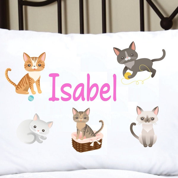 Personalized Pillowcase for Girls with Kittens, this adorable pillow case features cute kittens / cats and is personalized with a name