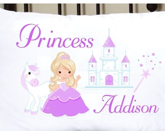 Personalized Pillowcase with Cute Girls Name and Princess, Purple Princess Pillowcase, adorable pillow case with cute princess