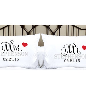 Personalized Pillowcases with Mr. and Mrs. and Last Name and Date with RED HEART, Pillow Cases Wedding Gifts, Bedding Decor.
