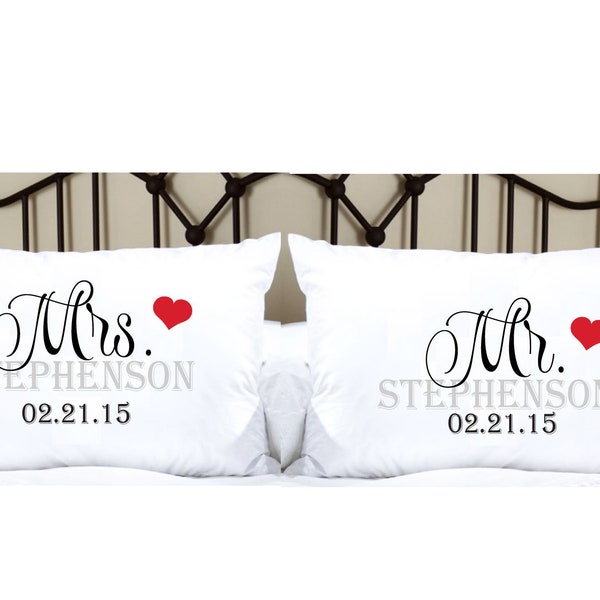 Personalized Pillowcases with Mr. and Mrs. and Last Name and Date with RED HEART, these pillow cases make great wedding gifts for new couple