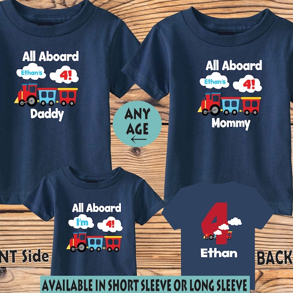 3 shirt set All Aboard Train 4th Family Birthday Shirts and Family Tshirts for Mom, Dad and Child