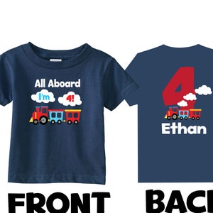 4TH Birthday Shirts and Tshirts with Trains on NAVY Shirt (any age)