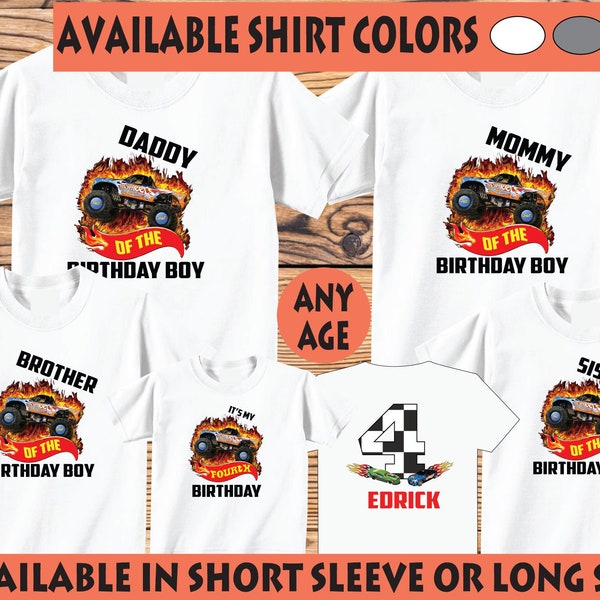1 or 2 Shirts with ANY AGE Family Birthday Shirt Set, Birthday Shirts with Transportation Theme, Family Birthday Shirts with MonsterTruck