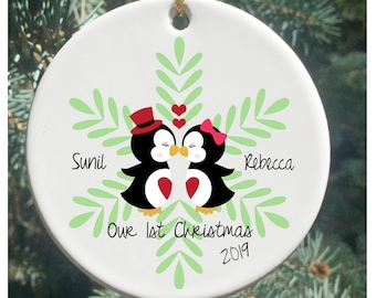 Personalized Our 1st Christmas Ornament with Kissing Penguins, Our first Christmas Togehter Ornament, Anniversary Ornament, Couples Ornament