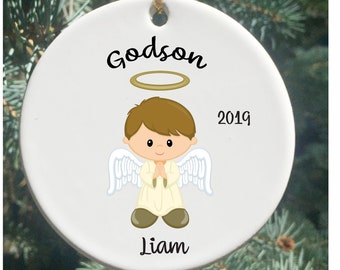 Personalized Christmas Ornament, Godson Ornament with Cute Angel, Godchild Ornaments, Boy Ornaments, Kid Ornaments, Godson Ornaments