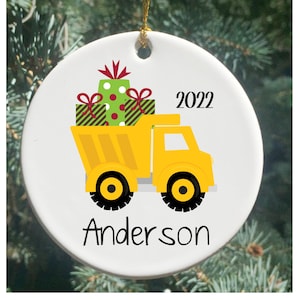 Personalized Christmas Ornament with Dumptruck and Presents, Kids Construction Ornament, Kids Ornaments, Kids Dumptruck Ornament, Ornaments