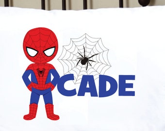 Personalized Superhero Pillowcase with name: Spider Web Design, Kids Bedroom Decor, Bedding.