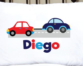 Personalized Car Pillowcase: Custom Name, Bedding, Kids Holiday bedroom Decor, Pillow Case Cover.