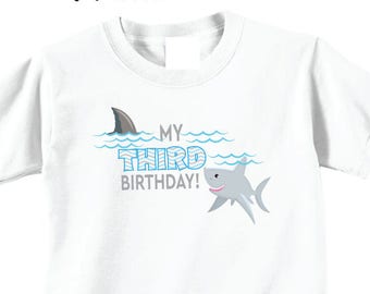 3rd Birthday Shark Shirts and Tshirts with Sharks on White Shirt, Any Age/Number