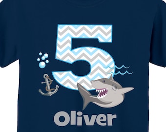 5th Birthday Shark Shirts and Tshirts with Sharks on NAVY BLUE Shirt, Any Number.