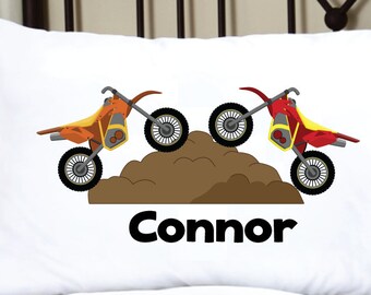 Personalized Dirt Bike Pillowcase with Child's Name: Motorcycle Theme. Bedroom Decor, Pillow Case Cover.