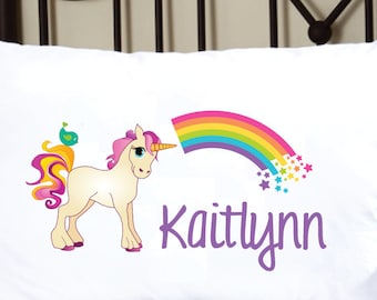 Personalized Rainbow Unicorn Pillowcase with Name. Girls Bedroom Decor. Pillow Case Cover for Kids.