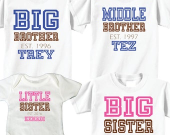 Personalized Sibling Shirt Set of 4: Big Sister, Brother Collegiate Tees