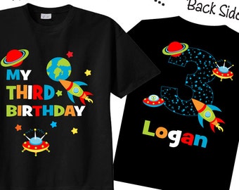 3rd Birthday Shirts with Space Space theme Birthday Shirts on BLACK Shirts