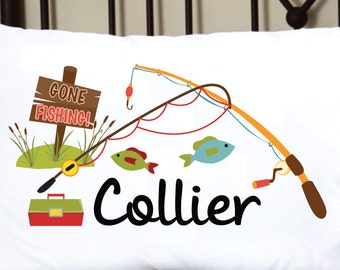 Personalized Pillow Case for Boys or Girls Fishing Pillows, cute pillowcase with fishing theme with poles, fish and personalized with name