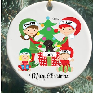 Personalized Family of 4 with Dog Christmas Ornaments, Christmas Tree
