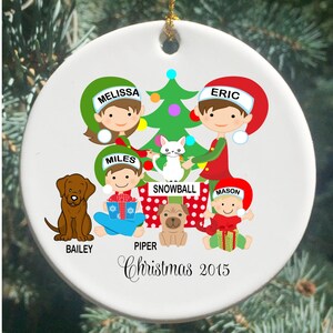 Personalized Family of 4 Christmas Ornament with Pets and children, Christmas Ornaments