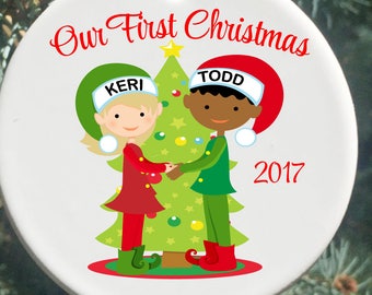 Personalized Family Christmas Ornaments ...Interracial Couple with Christmas Tree, Family Christmas Ornament, Custom Family Ornament