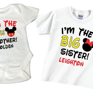 2 Big Sister and Little Brother Shirts, bodysuit and onesies with Red and Black Lettering on White Shirts. Pregnancy announcement shirts.