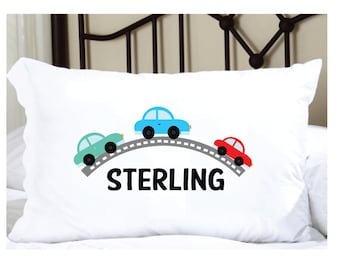 Personalized Kids Pillowcase: Car Theme, Transportation Design, Bedding, Boys Bedroom automobile Pillow Case.
