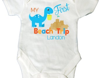 Personalized Baby Bodysuit: First Beach Trip Dinosaur